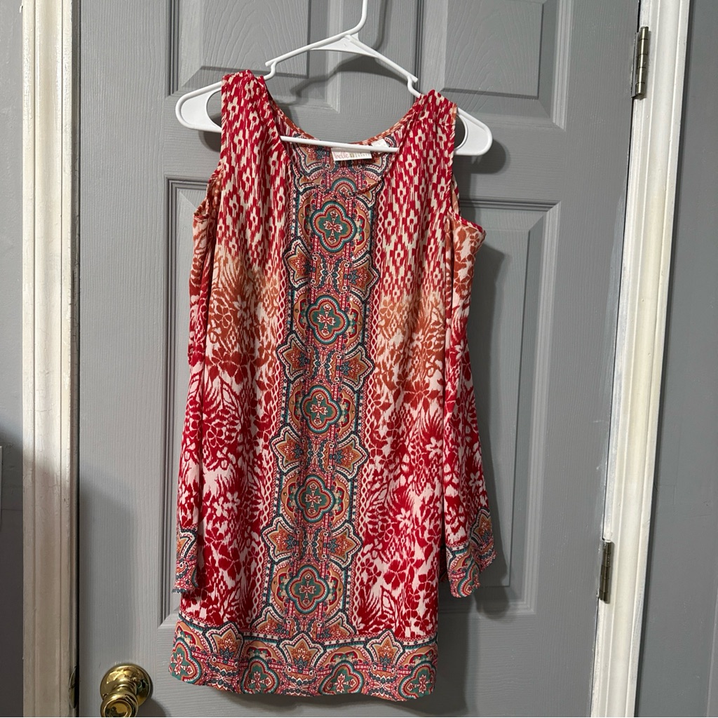 Belle By Kim Gravel Red And Orange Patterned Blouse